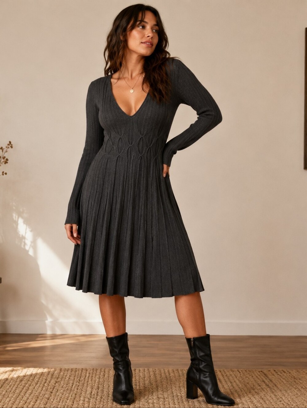 Max Studio Charcoal Cable Knit Fit & Flare Sweater Dress M Dark Academia